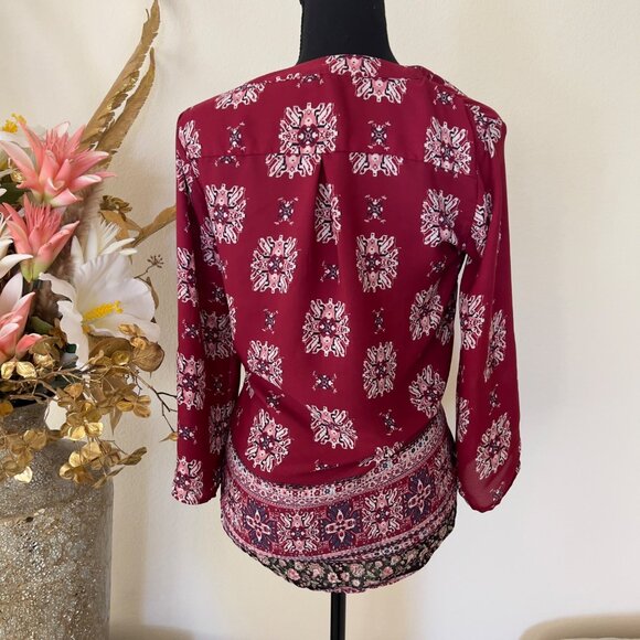 Maroon Abstract Boho Office Work Asymmetrical Top - Picture 2 of 6